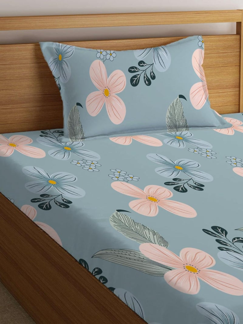 LOOMLYFE 300 TC Cotton Feel Glace Elastic Fitted Printed Single Bed Bedsheet with 1 Pillow Cover Fits Upto 6 Inches Mattress,Size- 42X75X8 Inches, Skypeachflower - Image 2
