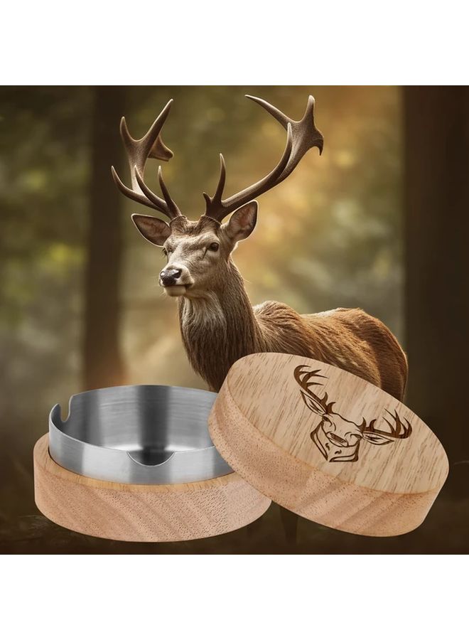 Golden Stainless Steel Liner Oak Wooden Ashtray With Lid Odor Proof Portable Gift - Image 1