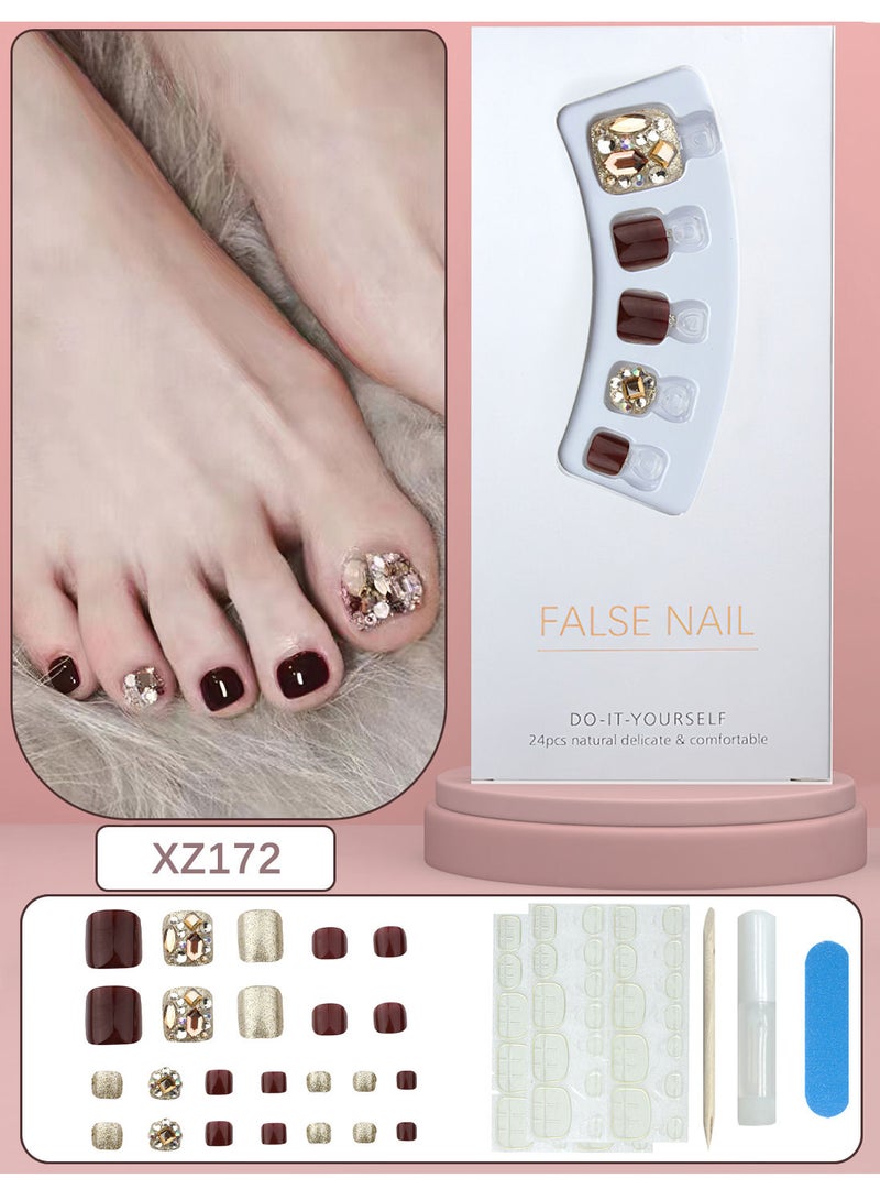 Generic 24 Pcs False Nail Set for Foot Long Lasting Stylish Chip Free Short French Press on Nail Nail Art Design for Salons DIY with Glue Nail File Nail Stick and 48 Pcs Nail Adhesive Glue  - Image 1
