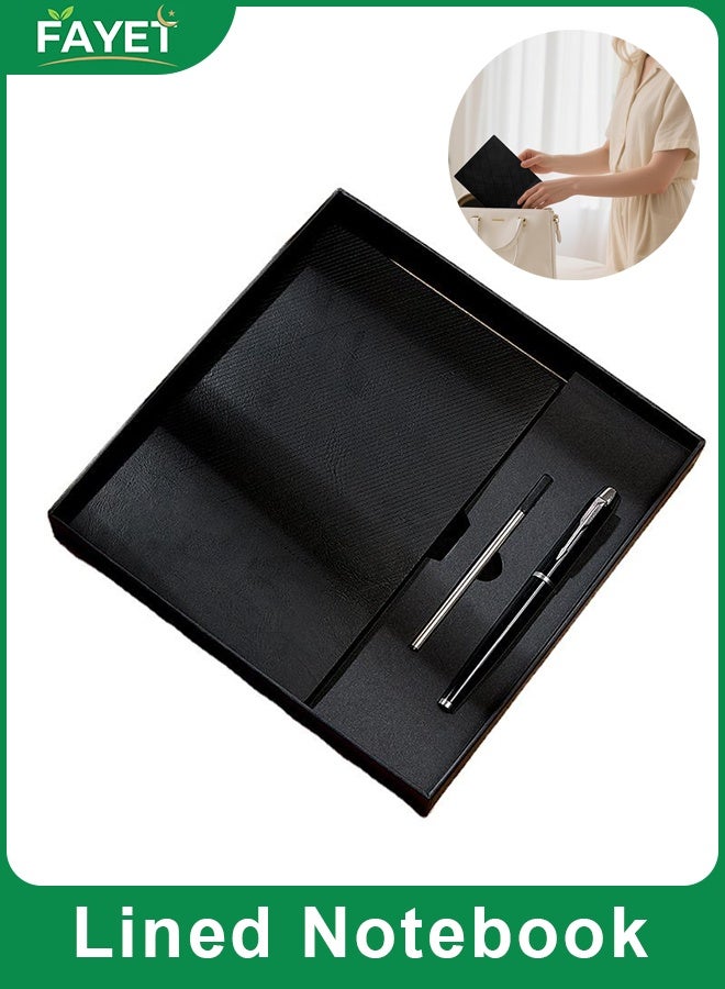 فاييت مجموعة هدايا دفتر ملاحظات وقلم مسطر فاخر بحجم A5، دفتر ملاحظات أنيق من الجلد النباتي مع غطاء من قماش قطني، مجموعة كتابة احترافية للأعمال والمكتب والهدايا التنفيذية (أسود) - Image 1