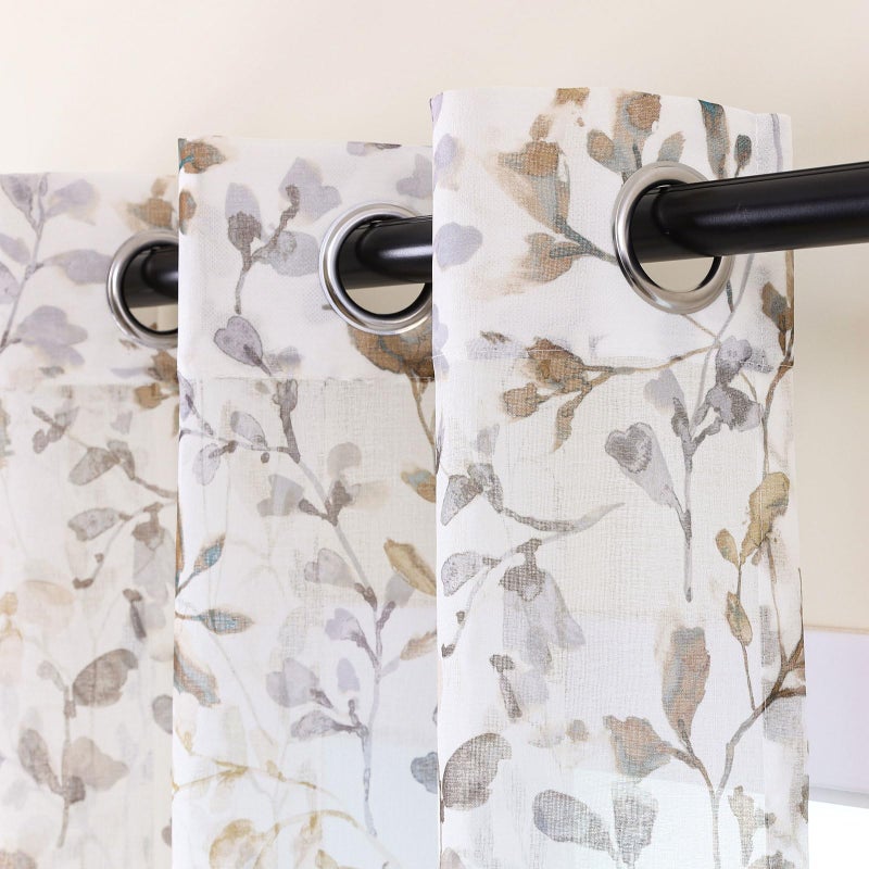 L.Z.E Floral Sheer Curtains 84 Inches Long for Living Room, Light Filtering Taupe Leaf Patterned Curtains for Bedroom Dining Room, Brown Vintage Printed Window Drapes Grommet Top 2 Panels Set - Image 1