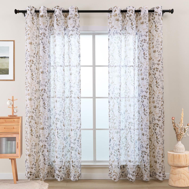 L.Z.E Floral Sheer Curtains 84 Inches Long for Living Room, Light Filtering Taupe Leaf Patterned Curtains for Bedroom Dining Room, Brown Vintage Printed Window Drapes Grommet Top 2 Panels Set - Image 2
