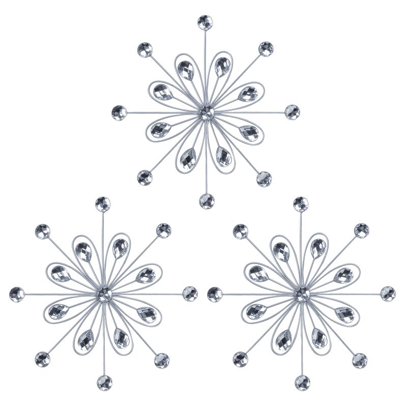 hogardeck Metal Flower Wall Decor 3pcs 9 Silver Metal Jeweled Wall Art Bling Crystal Home Dcor Sun Burst Rhinestone Hanging Diamond Accents for for Indoor Outdoor Living Room Bedroom - Image 2