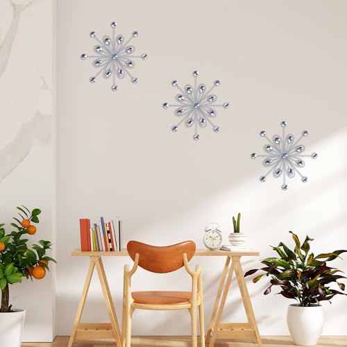 hogardeck Metal Flower Wall Decor 3pcs 9 Silver Metal Jeweled Wall Art Bling Crystal Home Dcor Sun Burst Rhinestone Hanging Diamond Accents for for Indoor Outdoor Living Room Bedroom - Image 3