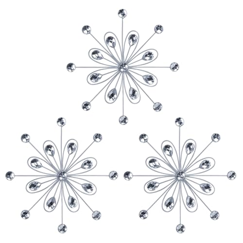 hogardeck Metal Flower Wall Decor 3pcs 9 Silver Metal Jeweled Wall Art Bling Crystal Home Dcor Sun Burst Rhinestone Hanging Diamond Accents for for Indoor Outdoor Living Room Bedroom - Image 1
