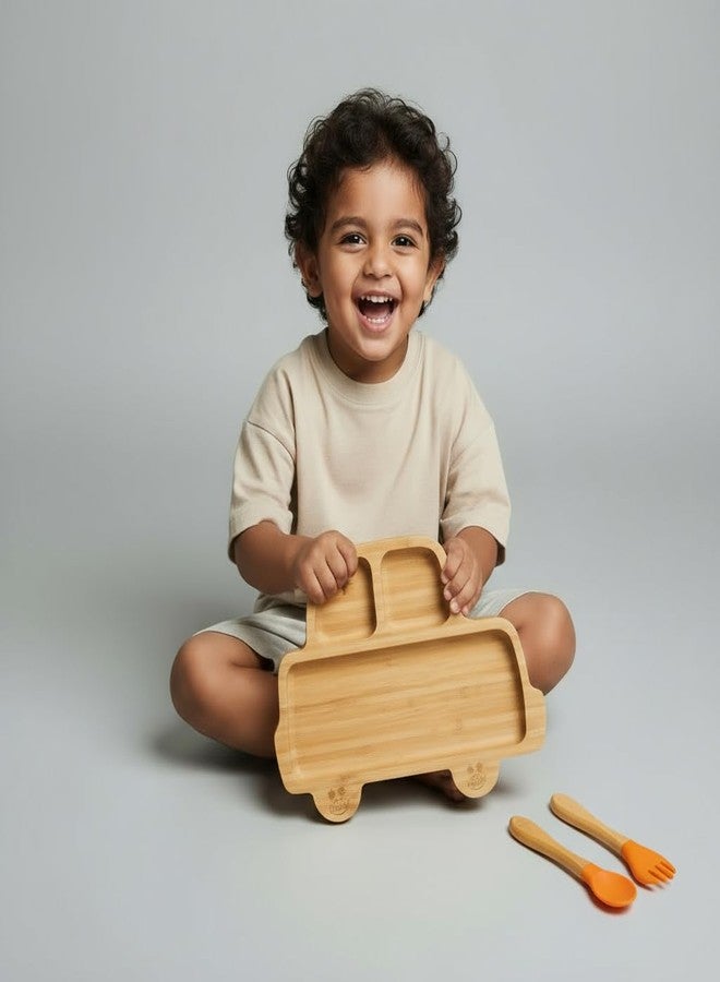 StarKiddo®️ Bamboo Plate for Kids and Baby-Led Weaning | 3 Sections | Non-Toxic | Super Strong Suction Cup - Natural Bamboo | BPA Free | Baby Plate for Stay Put Feeding (Rider-Yellow) - Image 2