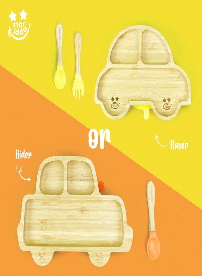 StarKiddo®️ Bamboo Plate for Kids and Baby-Led Weaning | 3 Sections | Non-Toxic | Super Strong Suction Cup - Natural Bamboo | BPA Free | Baby Plate for Stay Put Feeding (Rider-Yellow) - Image 5