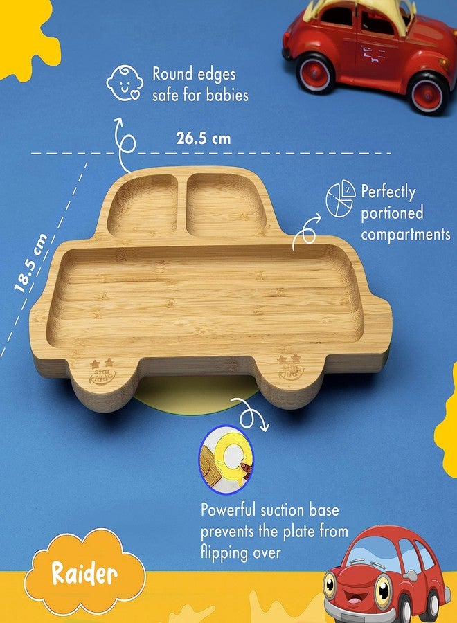 StarKiddo®️ Bamboo Plate for Kids and Baby-Led Weaning | 3 Sections | Non-Toxic | Super Strong Suction Cup - Natural Bamboo | BPA Free | Baby Plate for Stay Put Feeding (Rider-Yellow) - Image 3