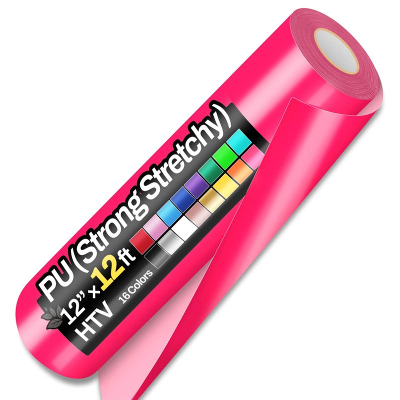 12 x 12ft Heat Transfer Vinyl Rolls PU Strong Stretchy HTV Vinyl Neon Pink for Shirts Sooez Iron on Vinyl for All Cutter Machine Easy to Cut  Weed for DIY Heat Design Matte Finish