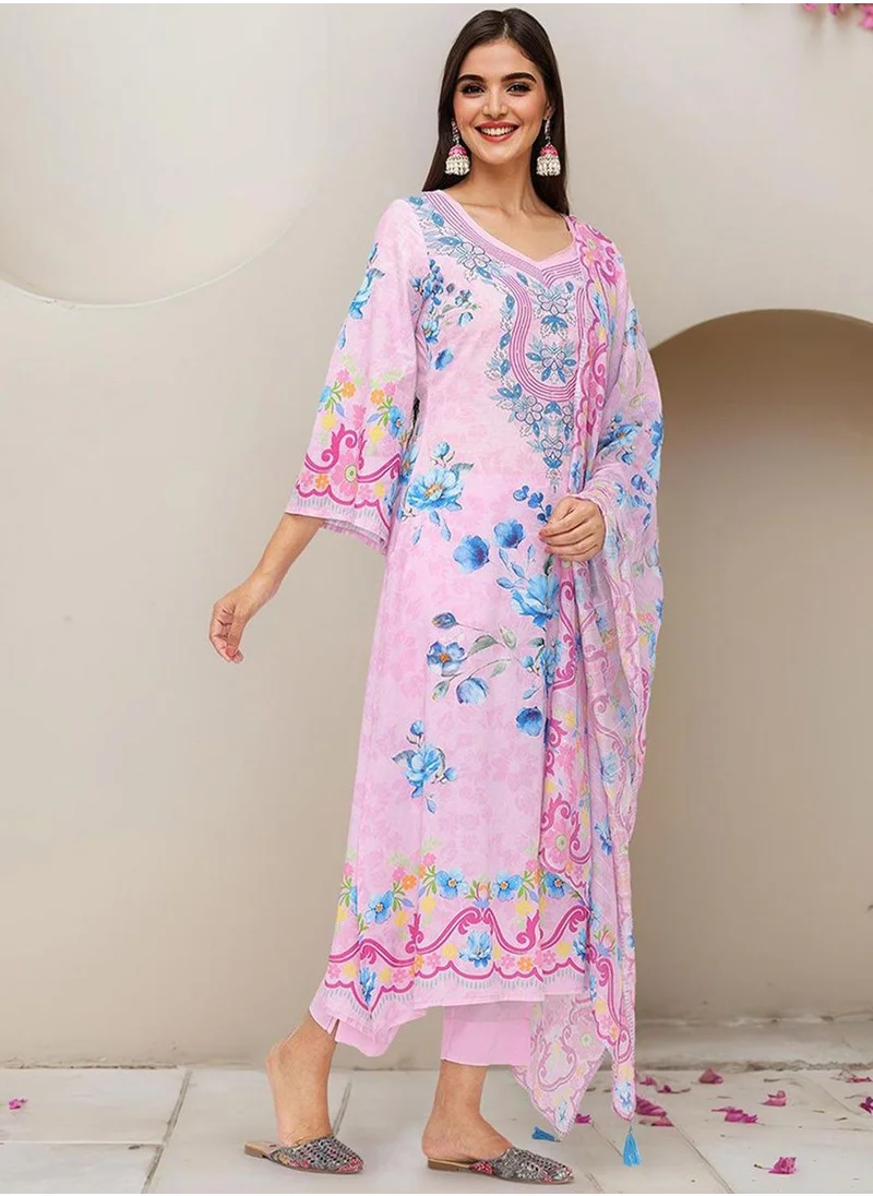 آي شين Women's Pink Cotton Blend Embellished Tunic Full Length Casual Straight Fit Kurta Set