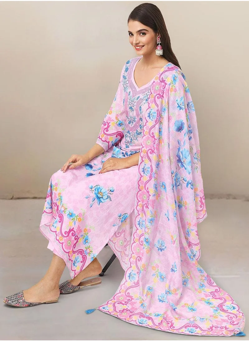 آي شين Women's Pink Cotton Blend Embellished Tunic Full Length Casual Straight Fit Kurta Set