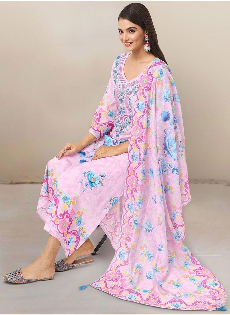 ISHIN Women's Pink Cotton Blend Embellished Tunic Full Length Casual Straight Fit Kurta Set  - Image 1