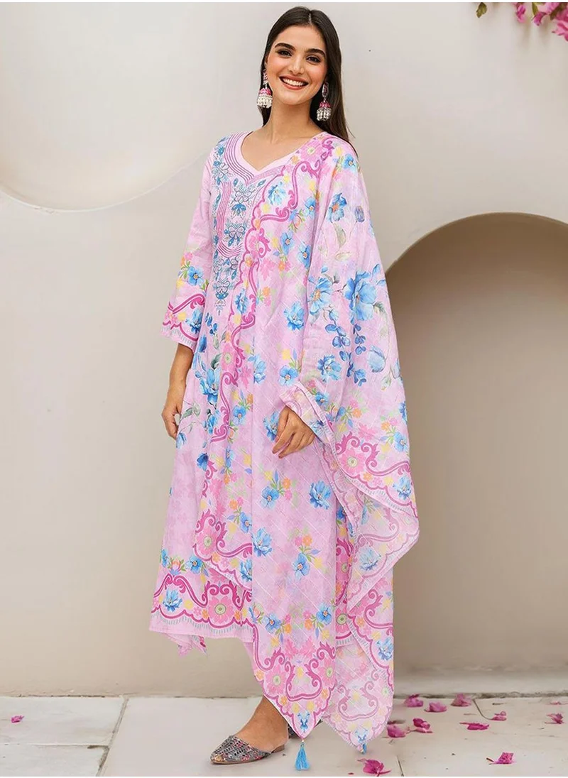 ISHIN Women's Pink Cotton Blend Embellished Tunic Full Length Casual Straight Fit Kurta Set