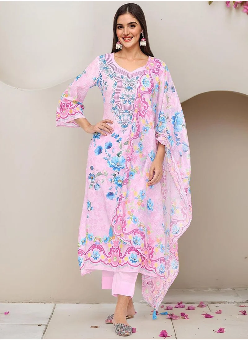 ISHIN Women's Pink Cotton Blend Embellished Tunic Full Length Casual Straight Fit Kurta Set