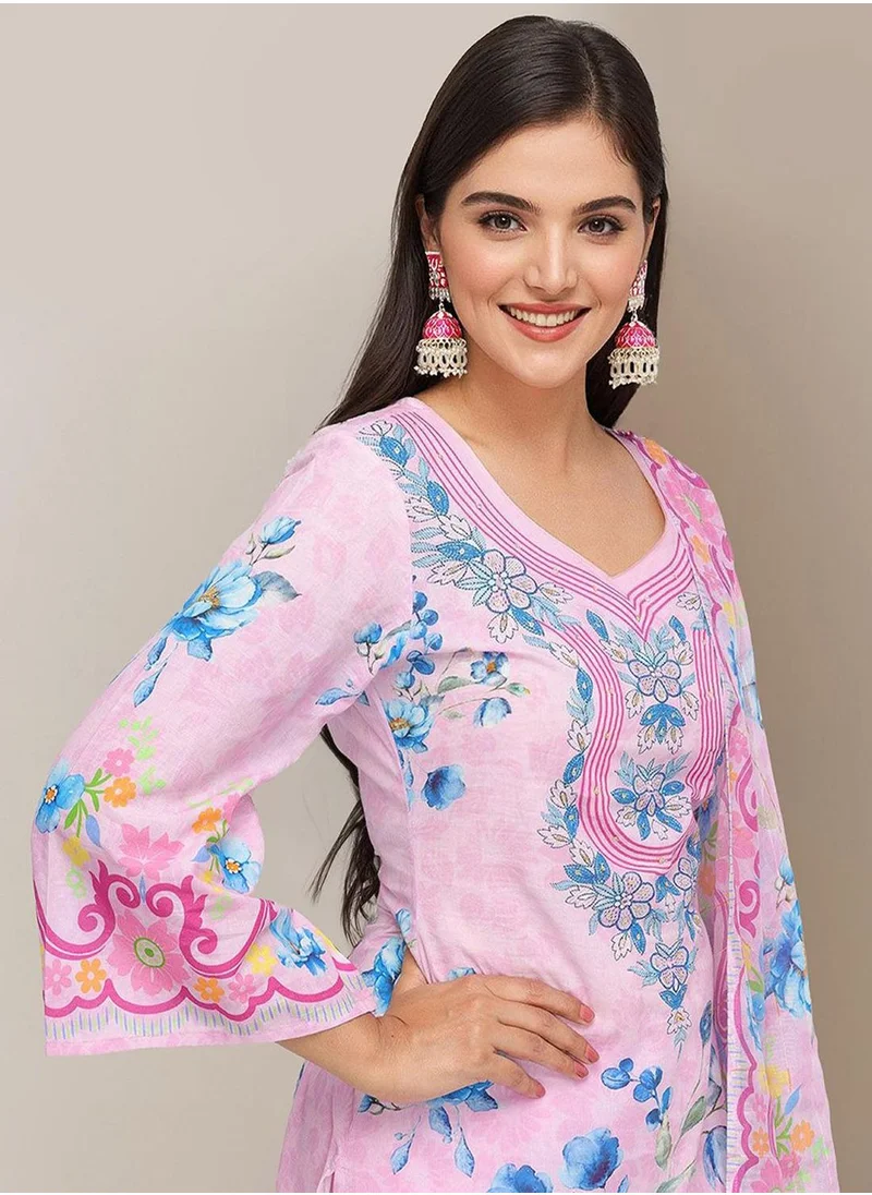 ISHIN Women's Pink Cotton Blend Embellished Tunic Full Length Casual Straight Fit Kurta Set