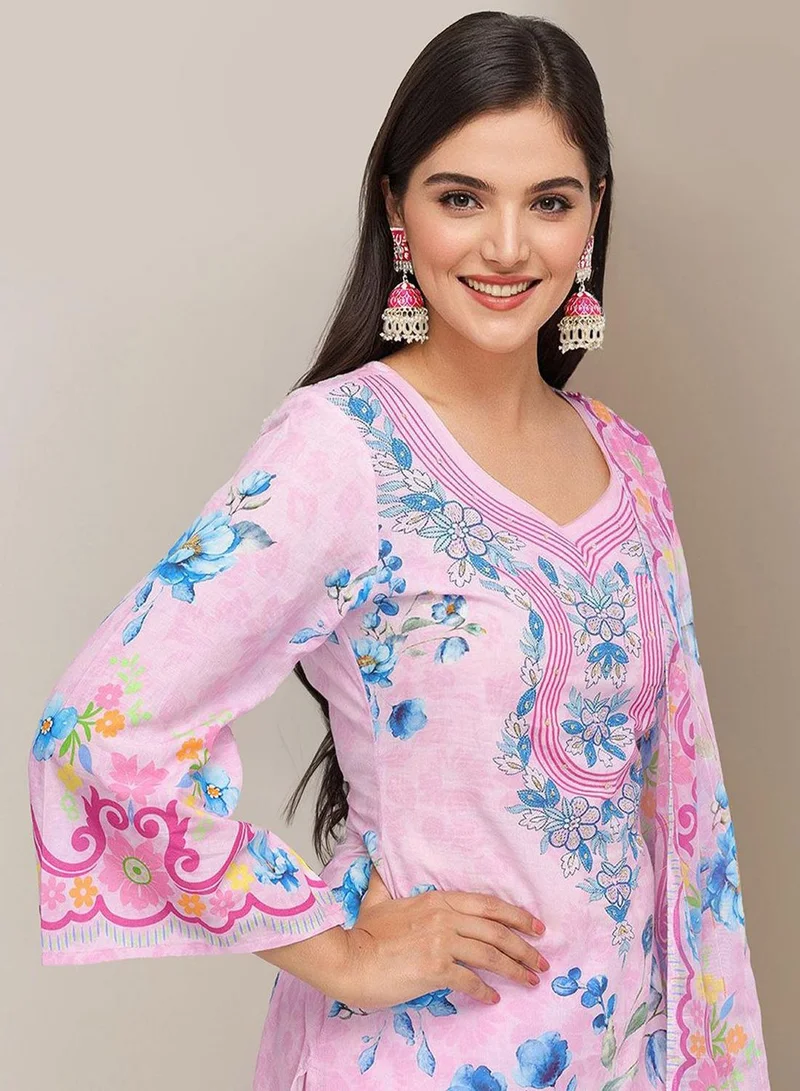 ISHIN Women's Pink Cotton Blend Embellished Tunic Full Length Casual Straight Fit Kurta Set