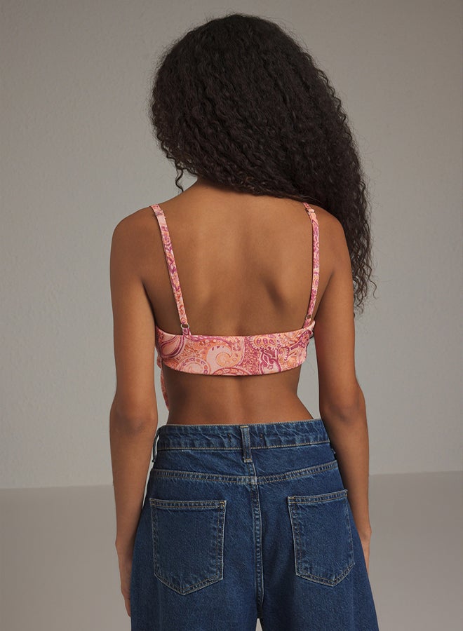Ecru Printed Back Cross Strap Asymmetrical Hemline Tulle Blouse