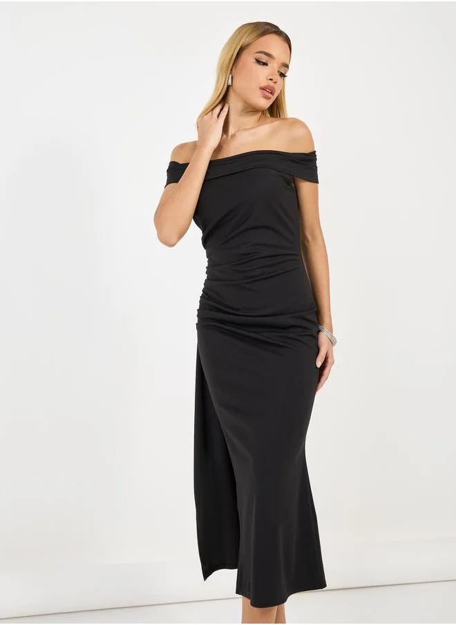 Styli Off Shoulder Bodycon Midi Dress with Side Slit Detail