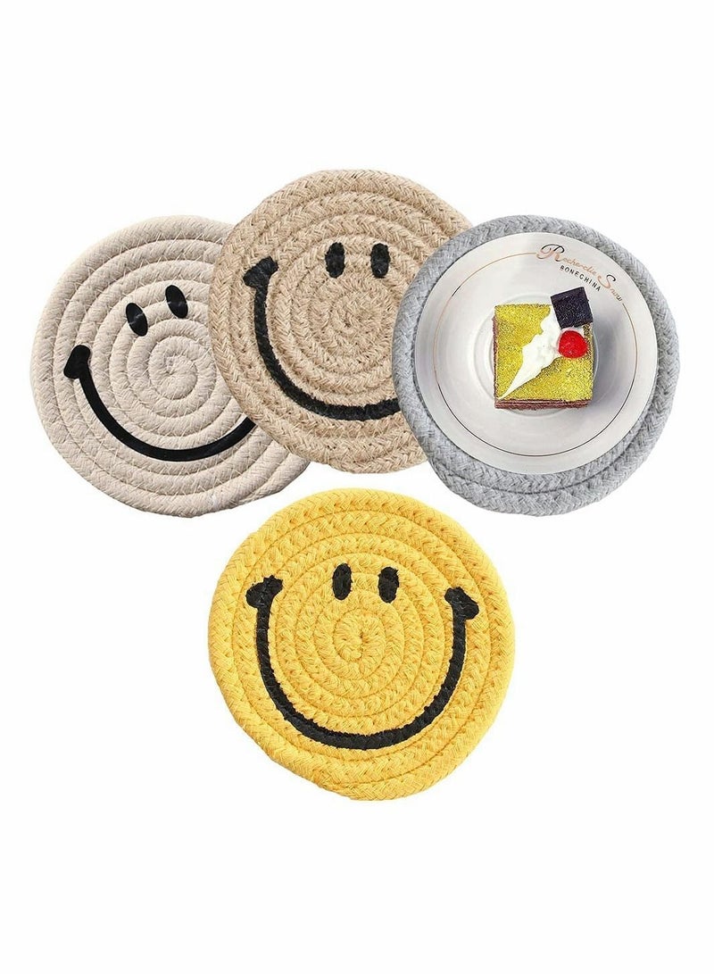 Y&D 4 Pieces Cotton Woven Table Mat, Hand Coasters, Round Place Mats, Cute Stylish Smiley Non-Slip Insulation Thread Mat for Dining Table, Coffee Kitchen  - Image 1