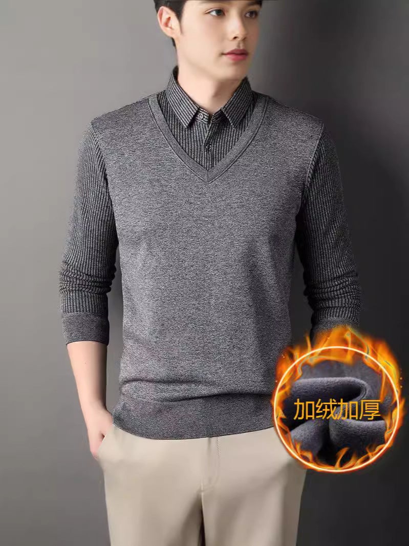 Generation Men'S Sweater Sweater Sweater Shirt Collar Fleece-Lined Thick Warm Thin Fake Two-Piece Tide - Image 5