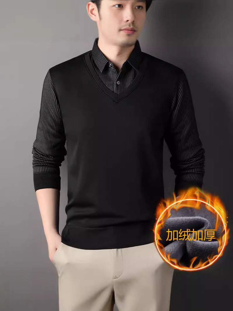 Generation Men'S Sweater Sweater Sweater Shirt Collar Fleece-Lined Thick Warm Thin Fake Two-Piece Tide - Image 4