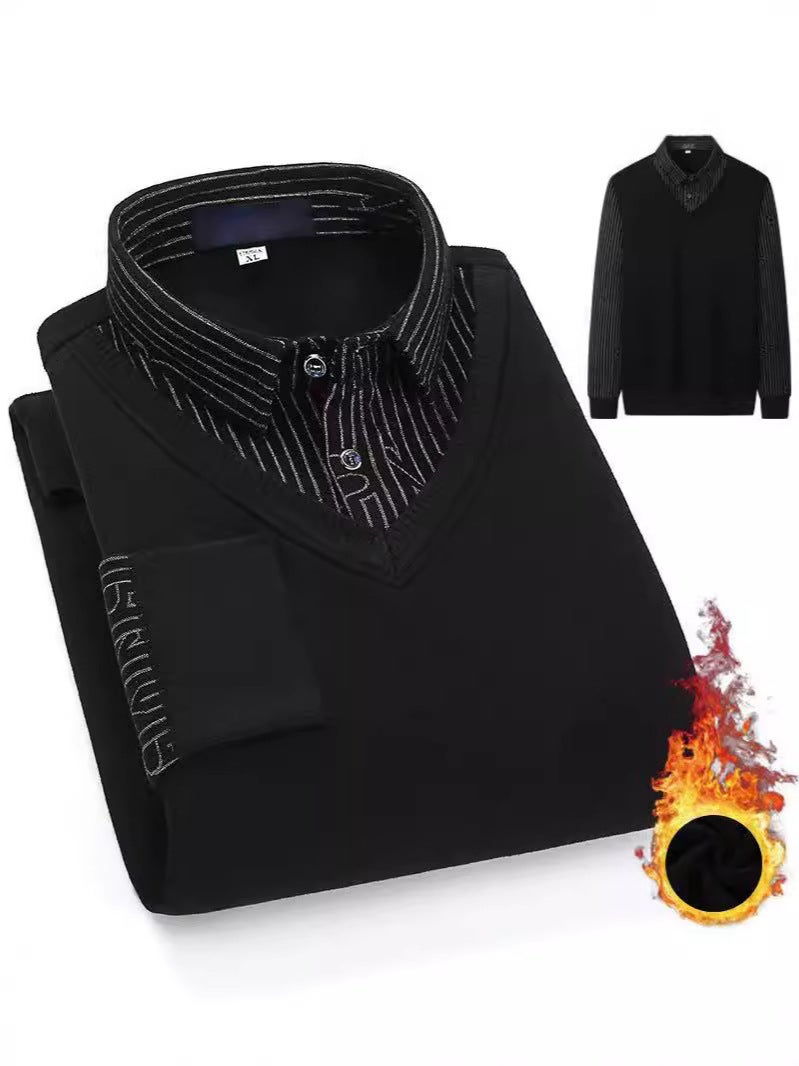 Generation Men'S Sweater Sweater Sweater Shirt Collar Fleece-Lined Thick Warm Thin Fake Two-Piece Tide - Image 3