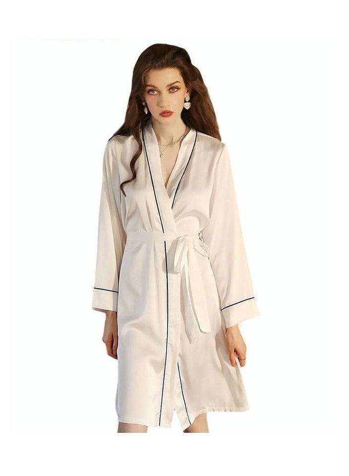 Women's Bathrobe Light Luxury Ice Silk Satin Cooling Nightgown Wrapping Design Breathable Skin-friendly Bathrobe White - Image 1