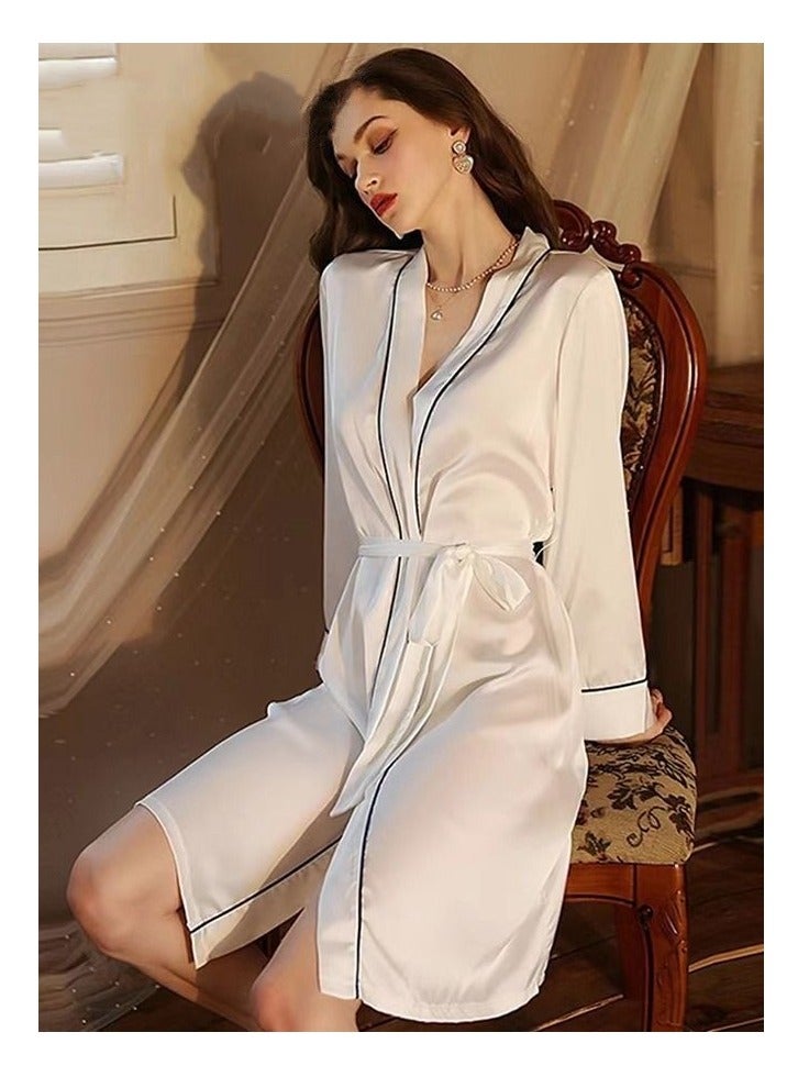 Women's Bathrobe Light Luxury Ice Silk Satin Cooling Nightgown Wrapping Design Breathable Skin-friendly Bathrobe White - Image 5
