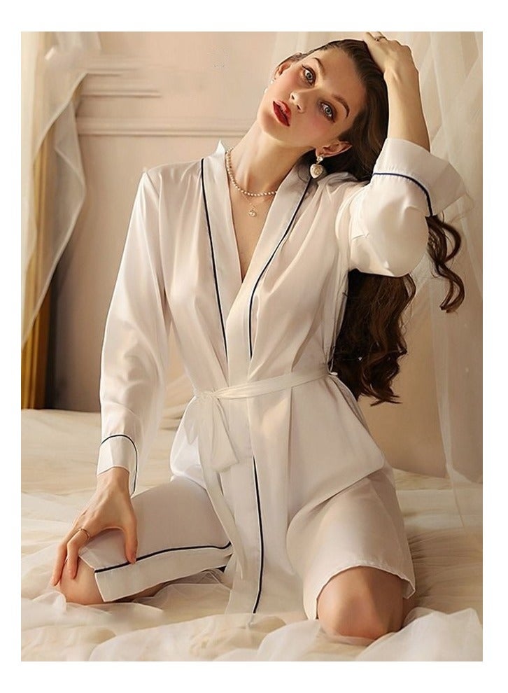 Women's Bathrobe Light Luxury Ice Silk Satin Cooling Nightgown Wrapping Design Breathable Skin-friendly Bathrobe White - Image 3