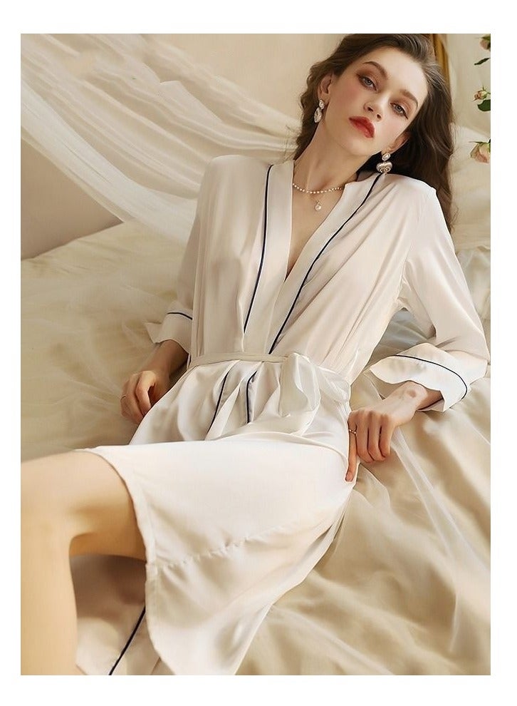 Women's Bathrobe Light Luxury Ice Silk Satin Cooling Nightgown Wrapping Design Breathable Skin-friendly Bathrobe White - Image 4