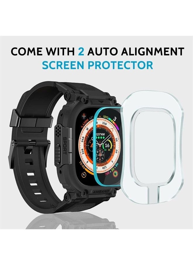 amBand - Bands Case Screen Protector Compatible with Apple Watch Ultra 49mm, M1 Sport Series Rugged Cover Strap and 2 Pack Tempered Glass Film, Military Protective Bumper for iWatch 49 mm Men Black - Image 1