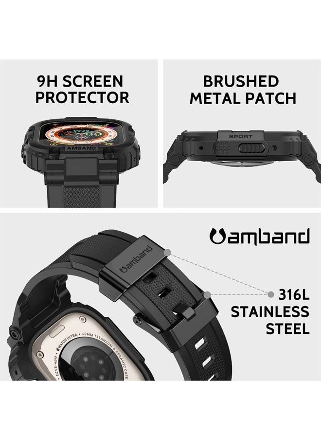 amBand - Bands Case Screen Protector Compatible with Apple Watch Ultra 49mm, M1 Sport Series Rugged Cover Strap and 2 Pack Tempered Glass Film, Military Protective Bumper for iWatch 49 mm Men Black - Image 1