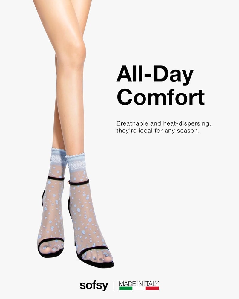 sofsy Italian Dotted Socks Collection (Ankle & Knee High) 20 Den Sheer Patterned Stockings with Ruffled Lace, Geometric Cuffs - Image 4