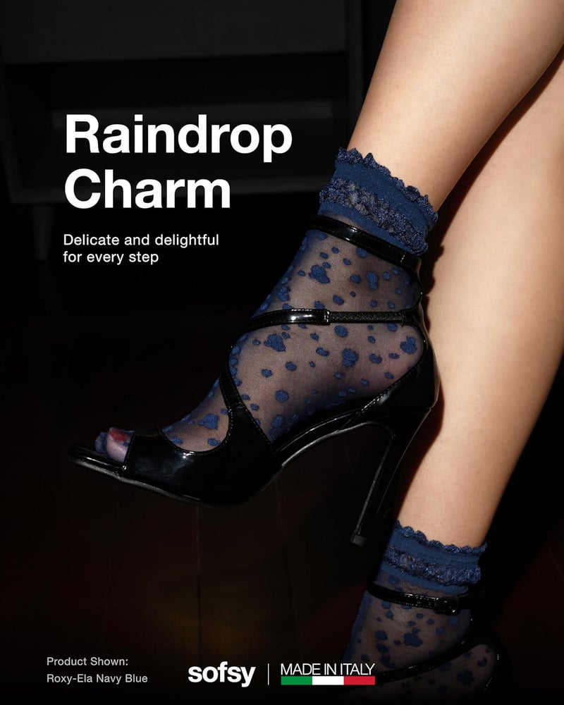 sofsy Italian Dotted Socks Collection (Ankle & Knee High) 20 Den Sheer Patterned Stockings with Ruffled Lace, Geometric Cuffs - Image 2
