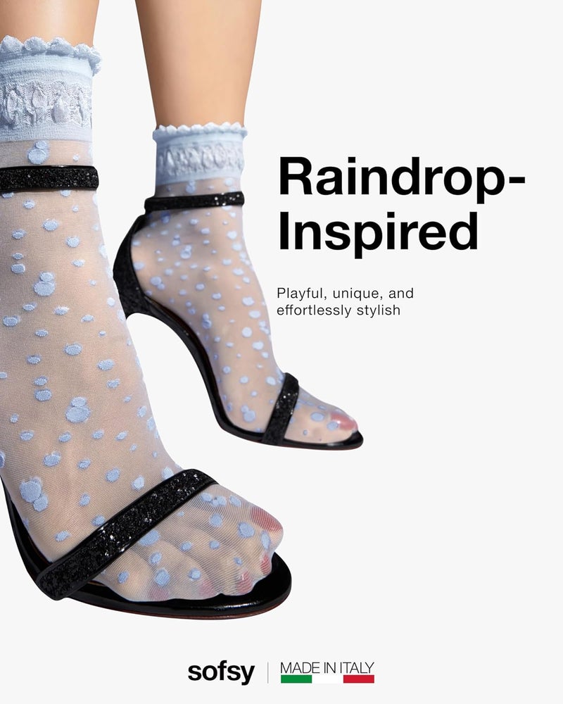 sofsy Italian Dotted Socks Collection (Ankle & Knee High) 20 Den Sheer Patterned Stockings with Ruffled Lace, Geometric Cuffs - Image 3