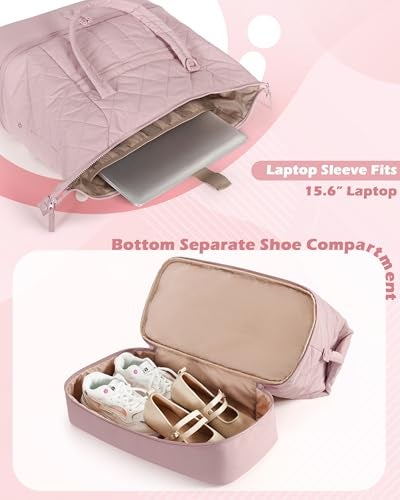 Smasrob Quilted Duffle Bag with Shoe Compartment and Wet Pocket, Weekender Duffel Bag With Laptop Sleeve and a Separate Pouch for Travel, Gym, Hospital Labor Delivery, Pink - Image 3