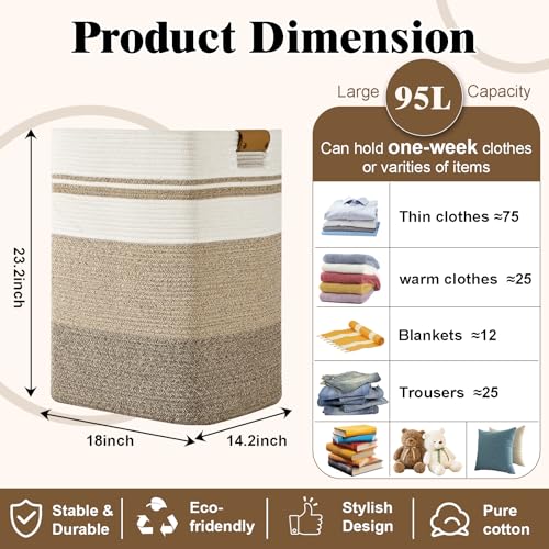 Degeyoyo Laundry Hamper, 95L Tall Laundry Basket with Leather Handles, Rectangle Large Clothes Hamper for Organizing, Cotton Woven Laundry Baskets Storage Hampers for Bedroom, Nursery, Living Room - Image 3