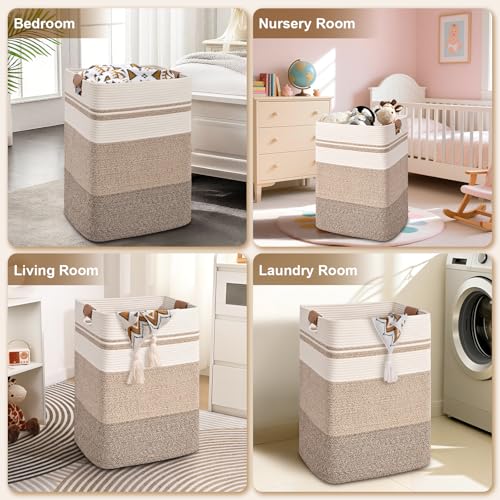 Degeyoyo Laundry Hamper, 95L Tall Laundry Basket with Leather Handles, Rectangle Large Clothes Hamper for Organizing, Cotton Woven Laundry Baskets Storage Hampers for Bedroom, Nursery, Living Room - Image 5