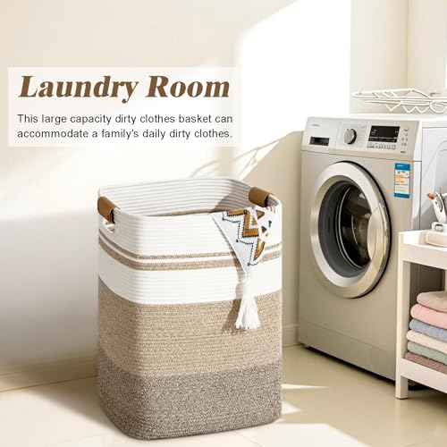 Degeyoyo Laundry Hamper, 95L Tall Laundry Basket with Leather Handles, Rectangle Large Clothes Hamper for Organizing, Cotton Woven Laundry Baskets Storage Hampers for Bedroom, Nursery, Living Room - Image 2