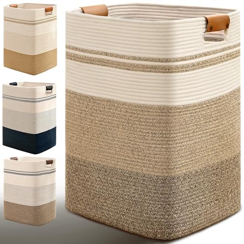 Degeyoyo Laundry Hamper, 95L Tall Laundry Basket with Leather Handles, Rectangle Large Clothes Hamper for Organizing, Cotton Woven Laundry Baskets Storage Hampers for Bedroom, Nursery, Living Room - Image 1