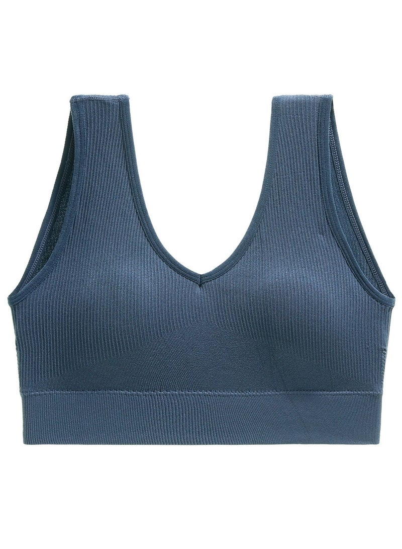 Loquat Women's Solid Color Seamless Wireless Bra Sports Fitness Bra With Elastic Wide Shoulder Straps Dark Blue 