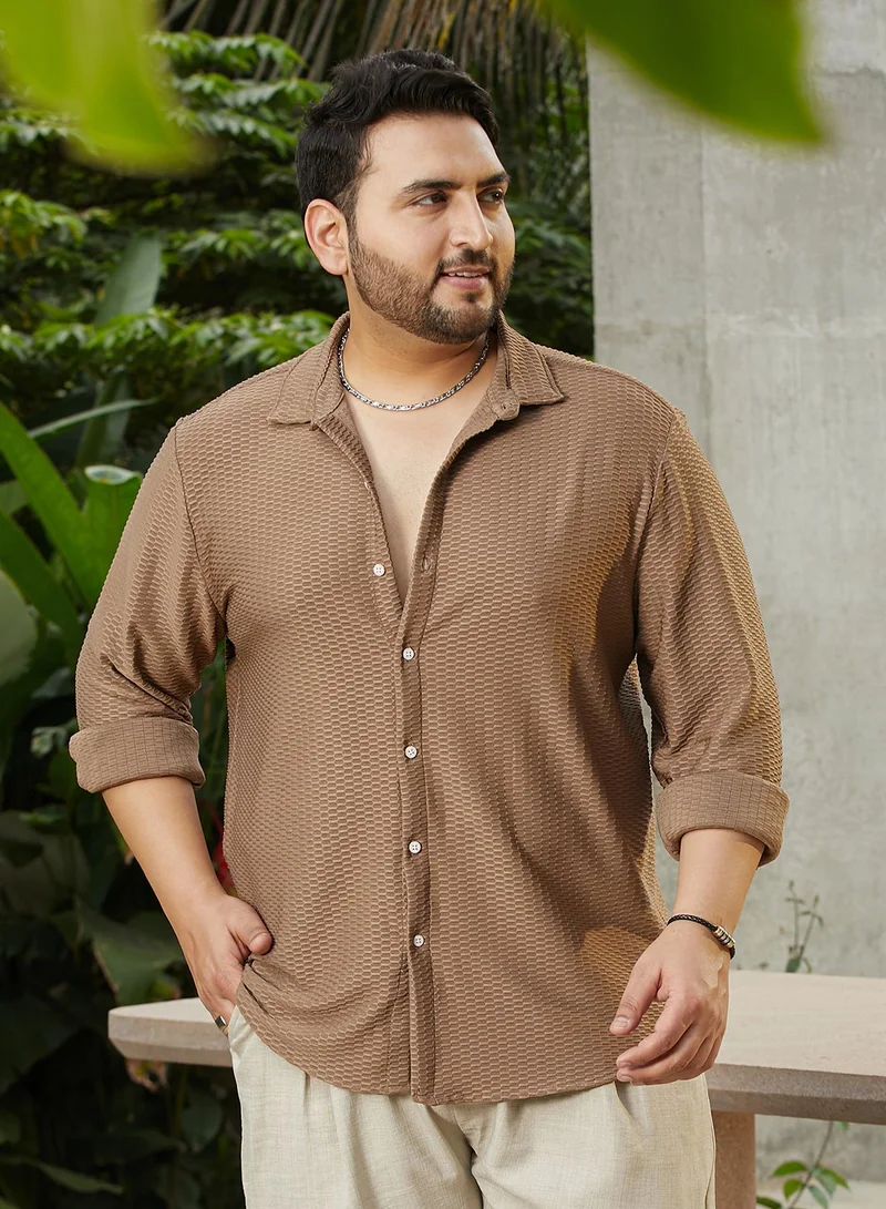 Instafab Plus Instafab Plus Men's Mocha Brown Hive-Textured Shirt For Casual Wear | Spread Collar | Long Cuffed Sleeves | Button Closure | Plus Size Shirt Crafted With Comfort Fit For Everyday Wear
