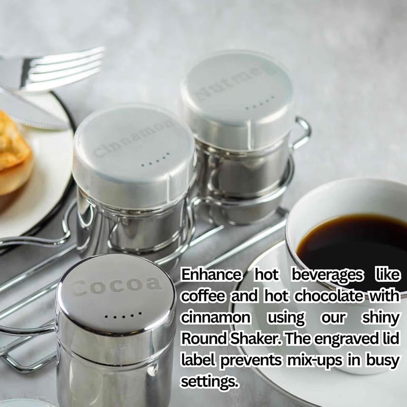 Tablecraft 11054 Coffee Dredge Shaker Set, 6 oz, 3-Piece with Rack, Stainless Steel with Cinnamon, Cocoa, and Nutmeg Labels, Includes Storage Caps, For Café, Foodservice, and Home Use - Image 4