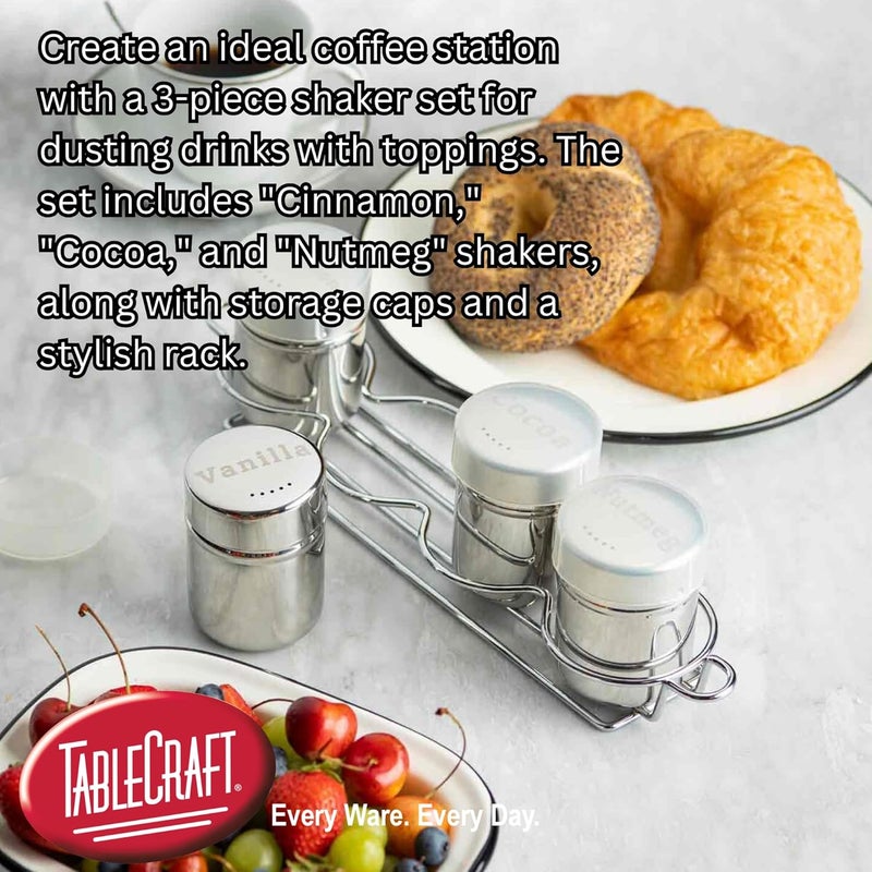 Tablecraft 11054 Coffee Dredge Shaker Set, 6 oz, 3-Piece with Rack, Stainless Steel with Cinnamon, Cocoa, and Nutmeg Labels, Includes Storage Caps, For Café, Foodservice, and Home Use - Image 3