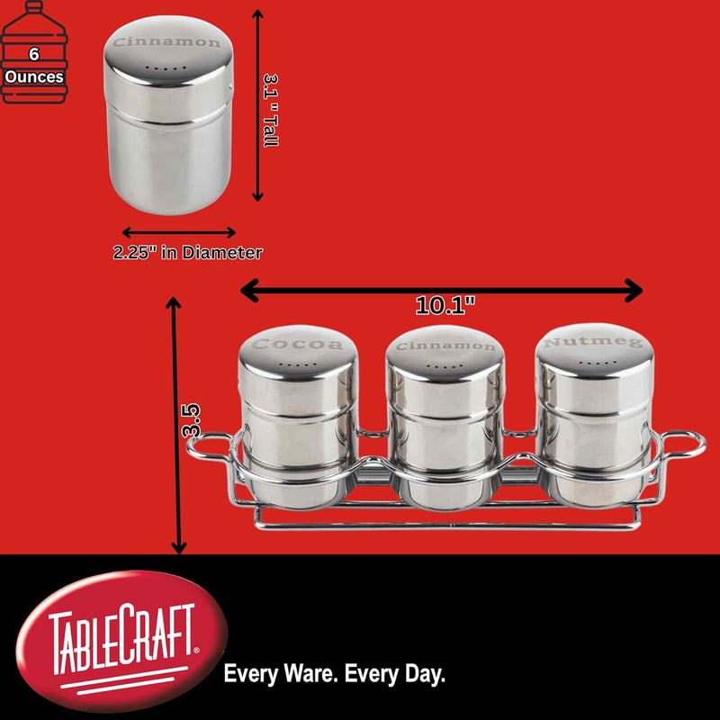 Tablecraft 11054 Coffee Dredge Shaker Set, 6 oz, 3-Piece with Rack, Stainless Steel with Cinnamon, Cocoa, and Nutmeg Labels, Includes Storage Caps, For Café, Foodservice, and Home Use - Image 2