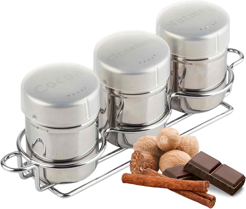 Tablecraft 11054 Coffee Dredge Shaker Set, 6 oz, 3-Piece with Rack, Stainless Steel with Cinnamon, Cocoa, and Nutmeg Labels, Includes Storage Caps, For Café, Foodservice, and Home Use - Image 1