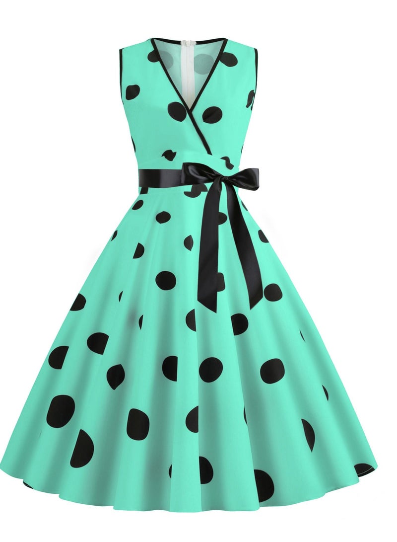 Loquat V-neck Sleeveless Polka Dot Lace Up Waist Retro Large Swing Dress Green  - Image 2