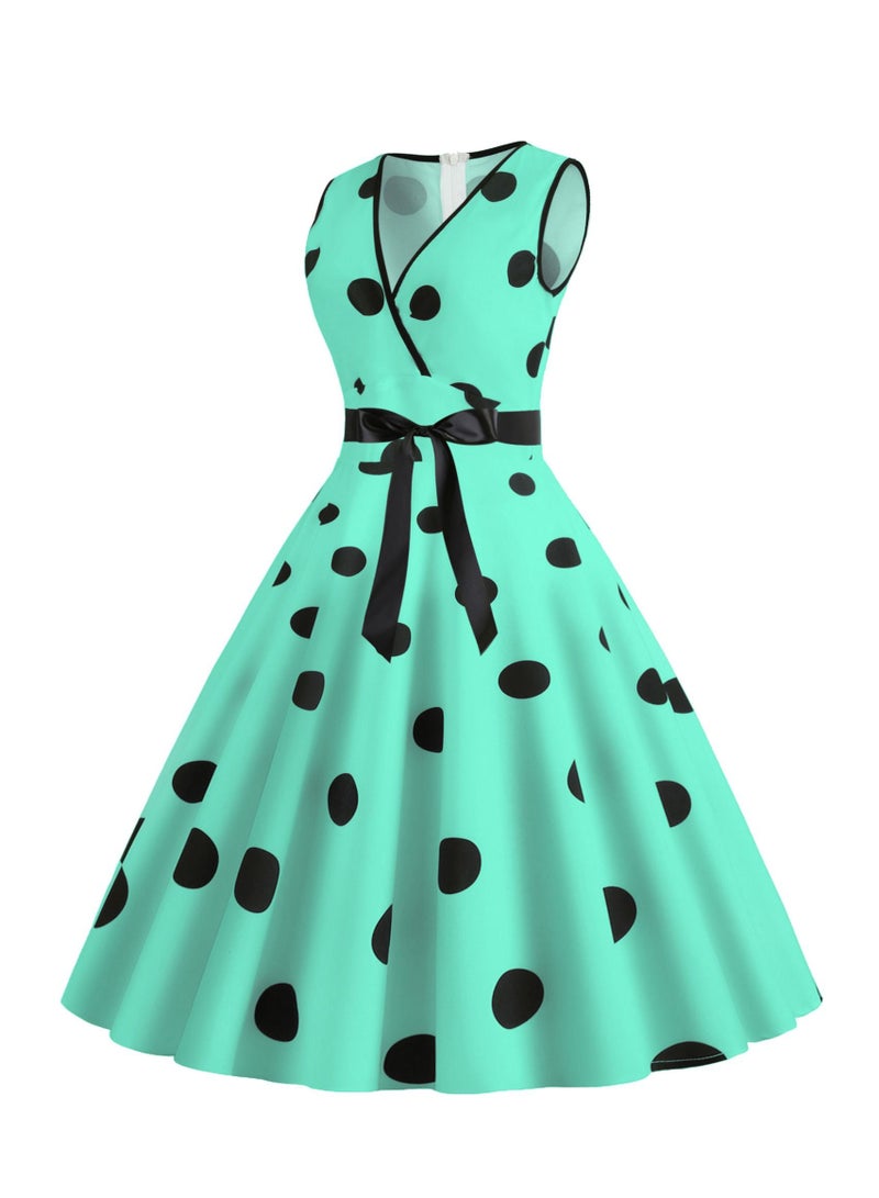 Loquat V-neck Sleeveless Polka Dot Lace Up Waist Retro Large Swing Dress Green  - Image 1