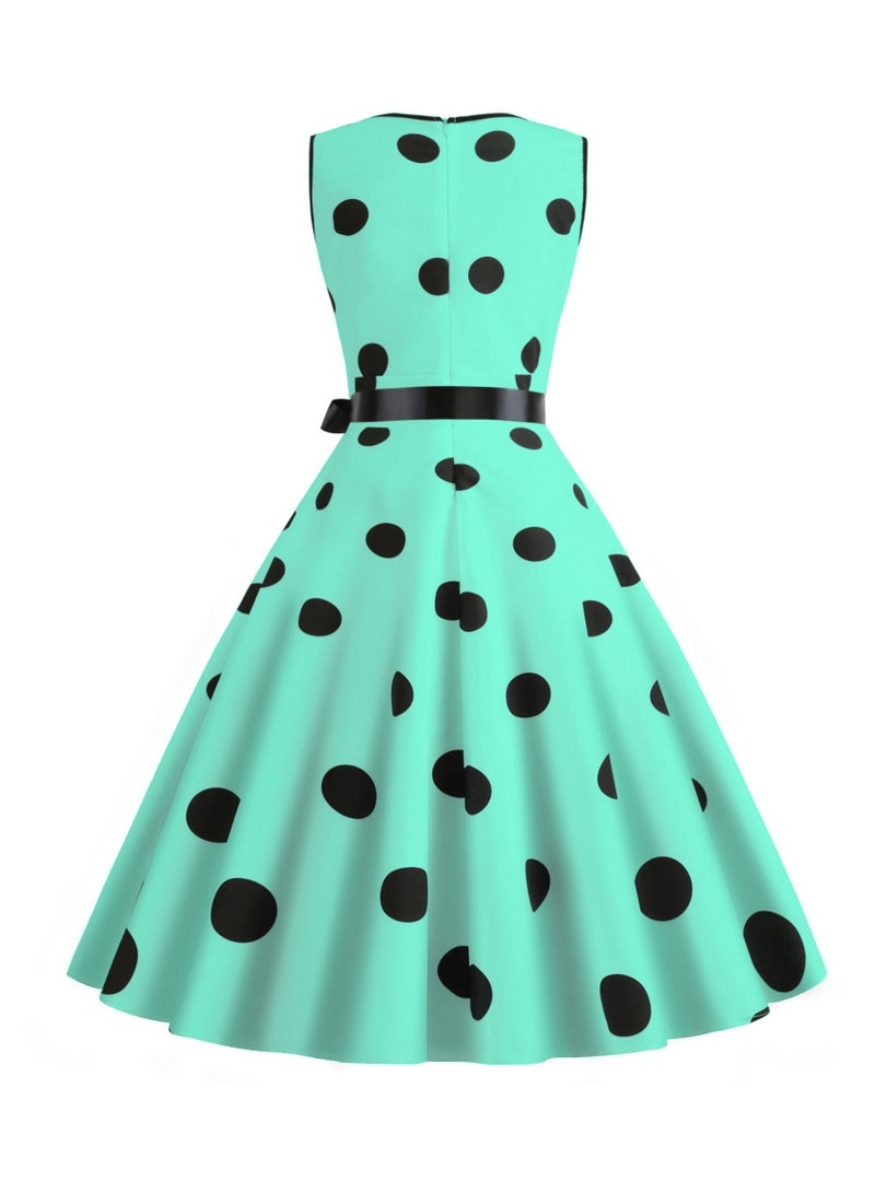 Loquat V-neck Sleeveless Polka Dot Lace Up Waist Retro Large Swing Dress Green  - Image 3