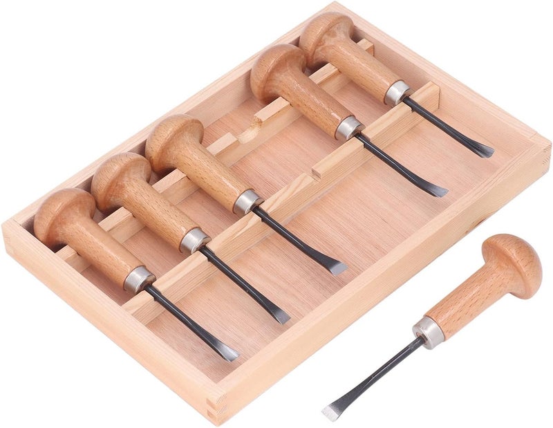 Wood Car Chisel Set, Wood 6 Piece Mushroom Handle Chisels with Wooden Box, Hardness Steel s for DIY Art Craft and Woodw - Image 2